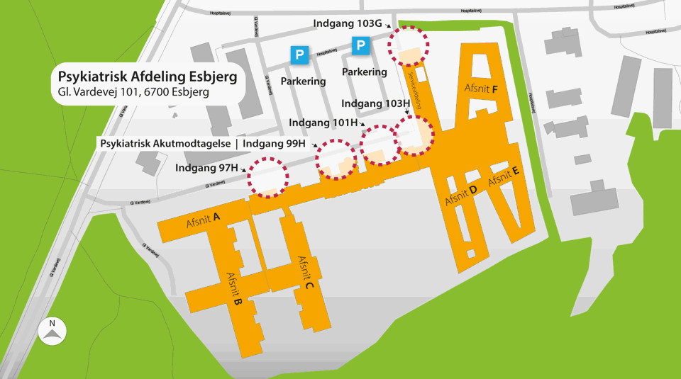 Oversigtskort til Psykiatrisk Afdeling Esbjerg, Gl. Vardevej